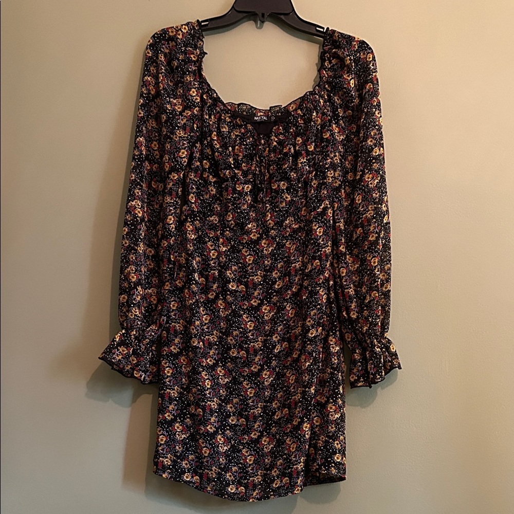 Nasty Gal Black Floral Long Sleeve Mini Dress Size 8